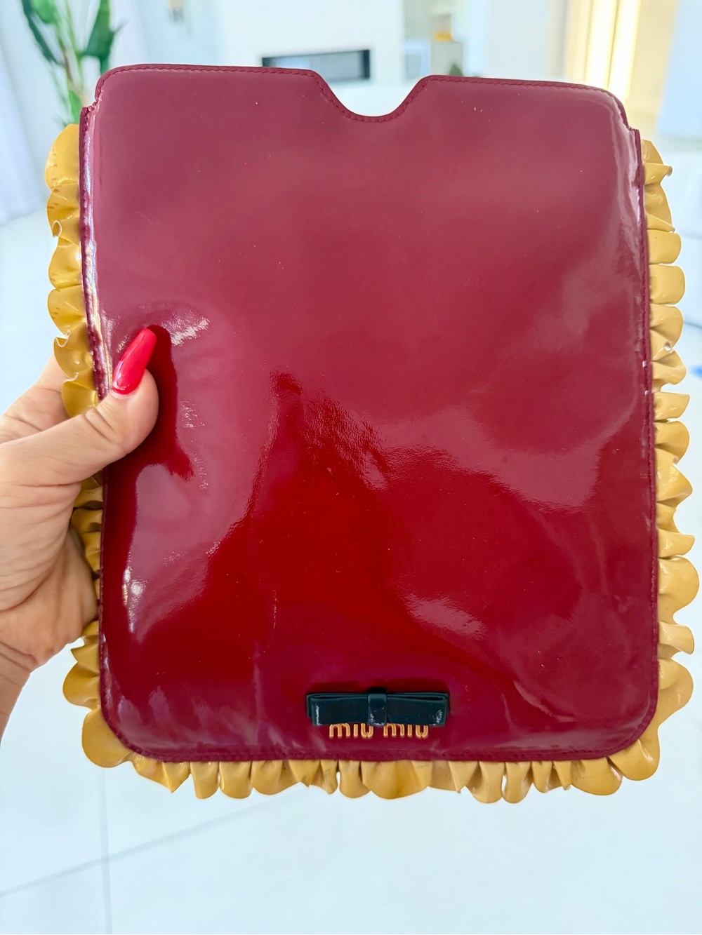 Miu Miu Burgundy Patent Leather Ruffle-Trim bag